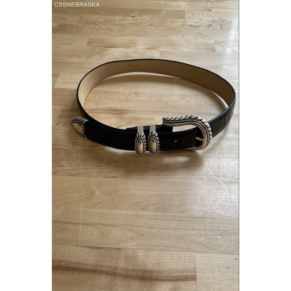Brighton Women's Black Croc Embossed Leather Western Belt Silver Buckle Sz S
